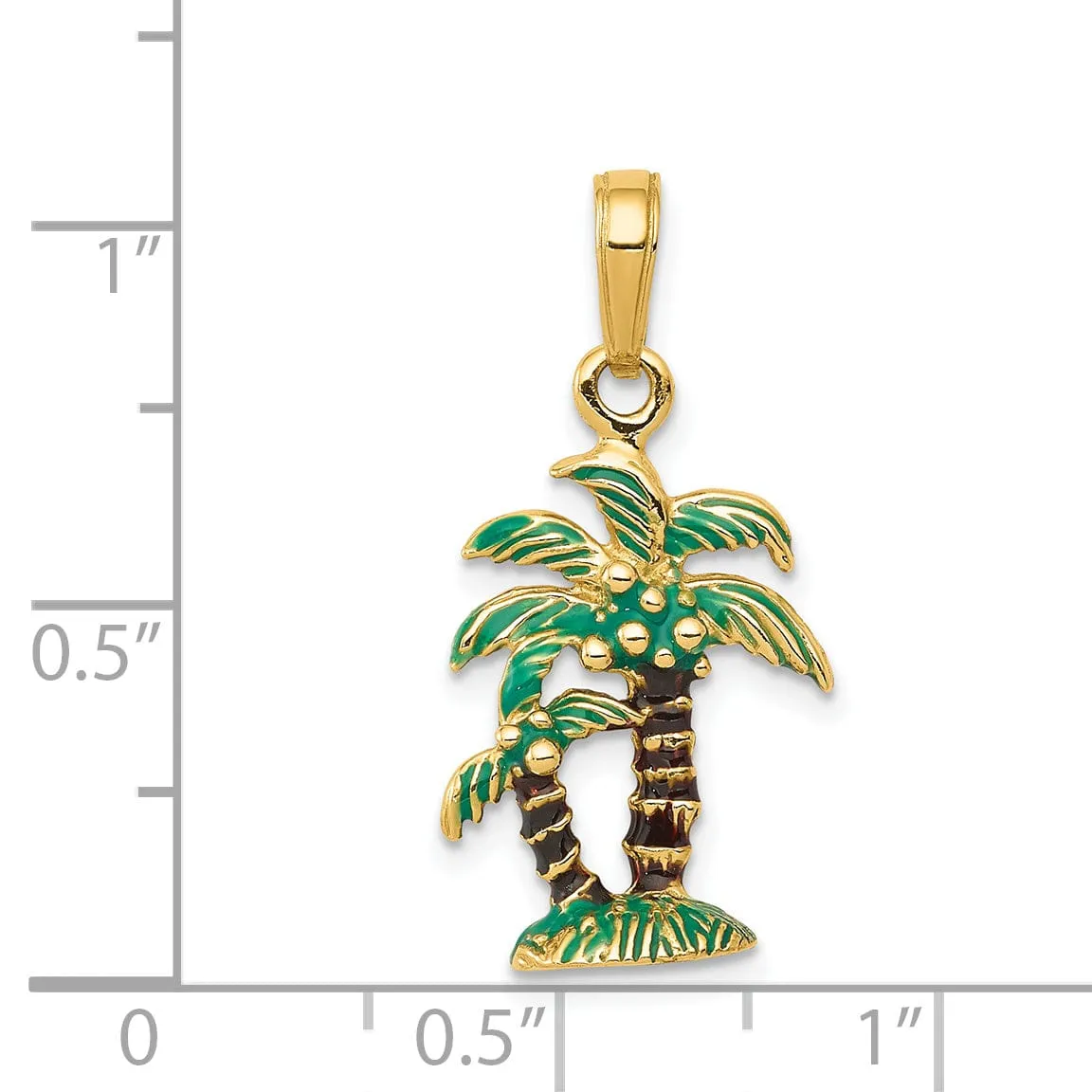 14k Yellow Gold Solid 3-Dimensional Green, Brown, Color Enameled Finish Palm Trees Charm Pendant