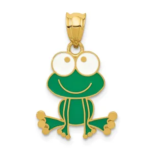 14k Yellow Gold Solid Polished Green and White Enameled Finish Frog Charm Pendant