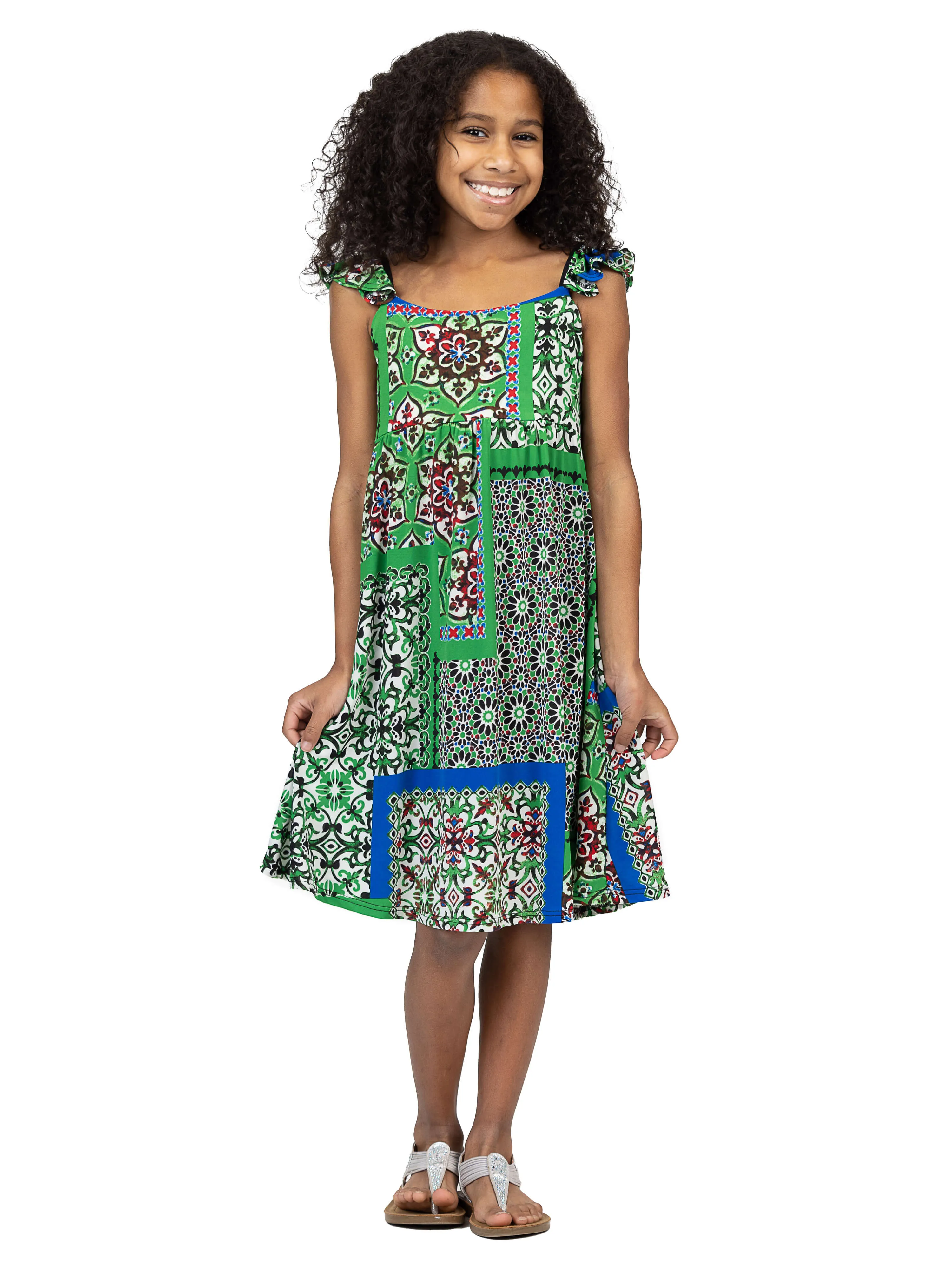 24sevenkid Girls Green Scarf Print Ruffle Summer Dress