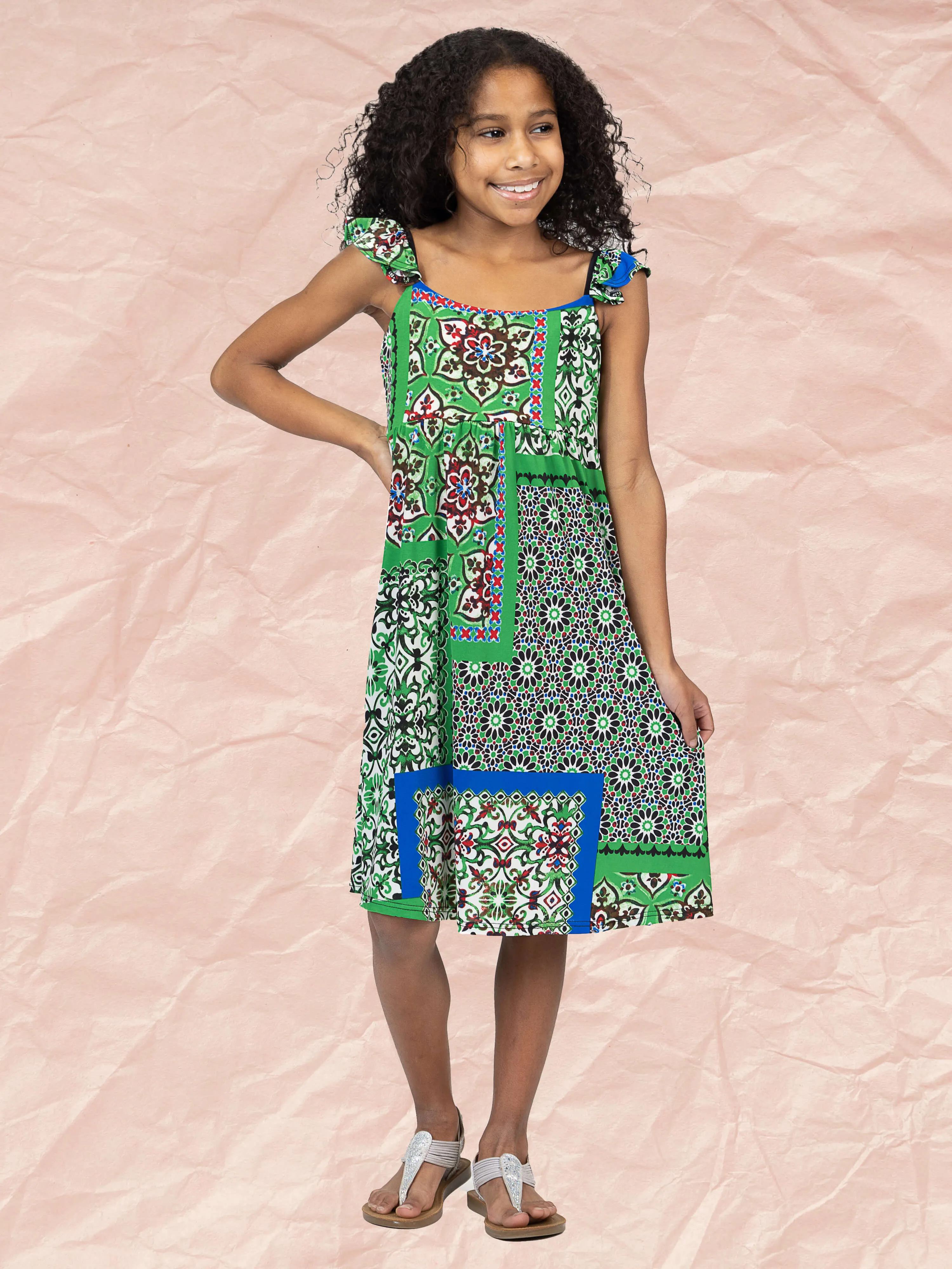 24sevenkid Girls Green Scarf Print Ruffle Summer Dress