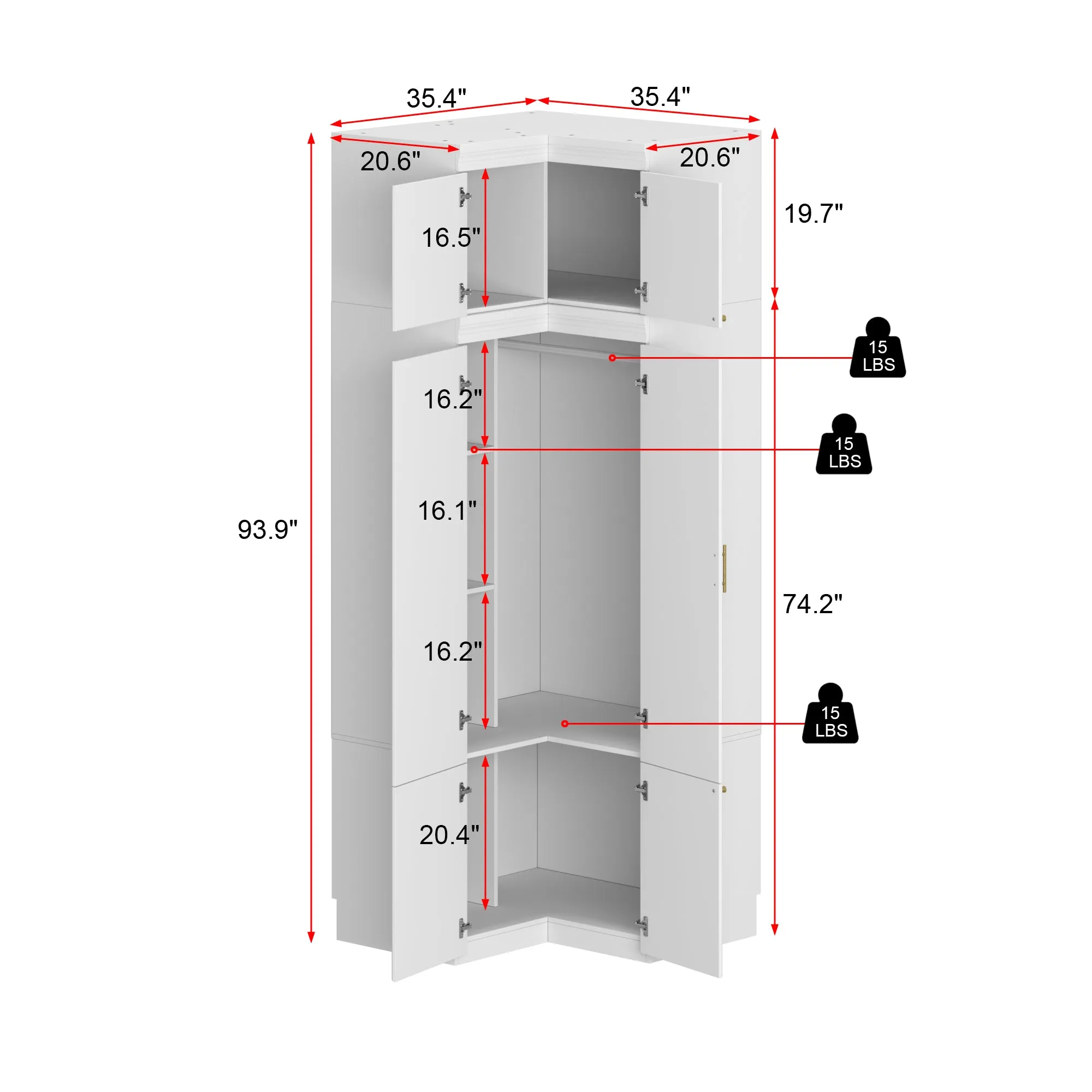 93.9" H Corner Armoire Wardrobe Closet with 6 Doors, L-Shape Bedroom Armoire