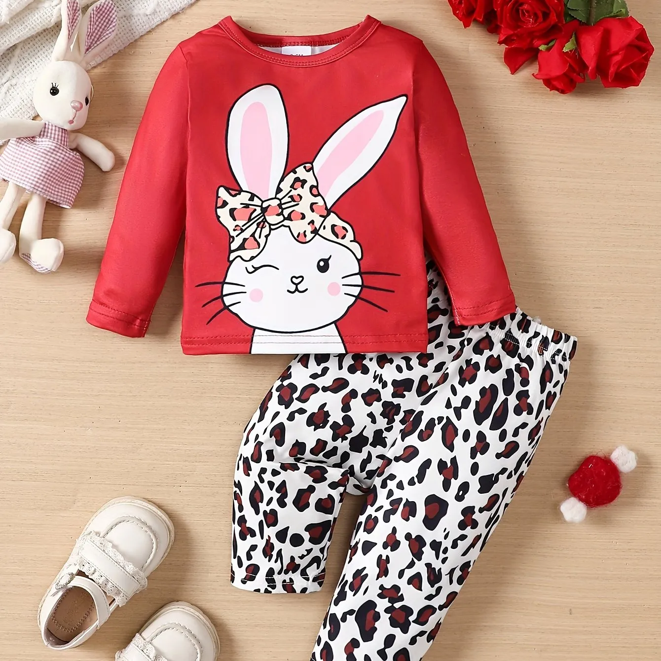 Adorable Baby Girl Cat Print Top  Leopard Pants Set