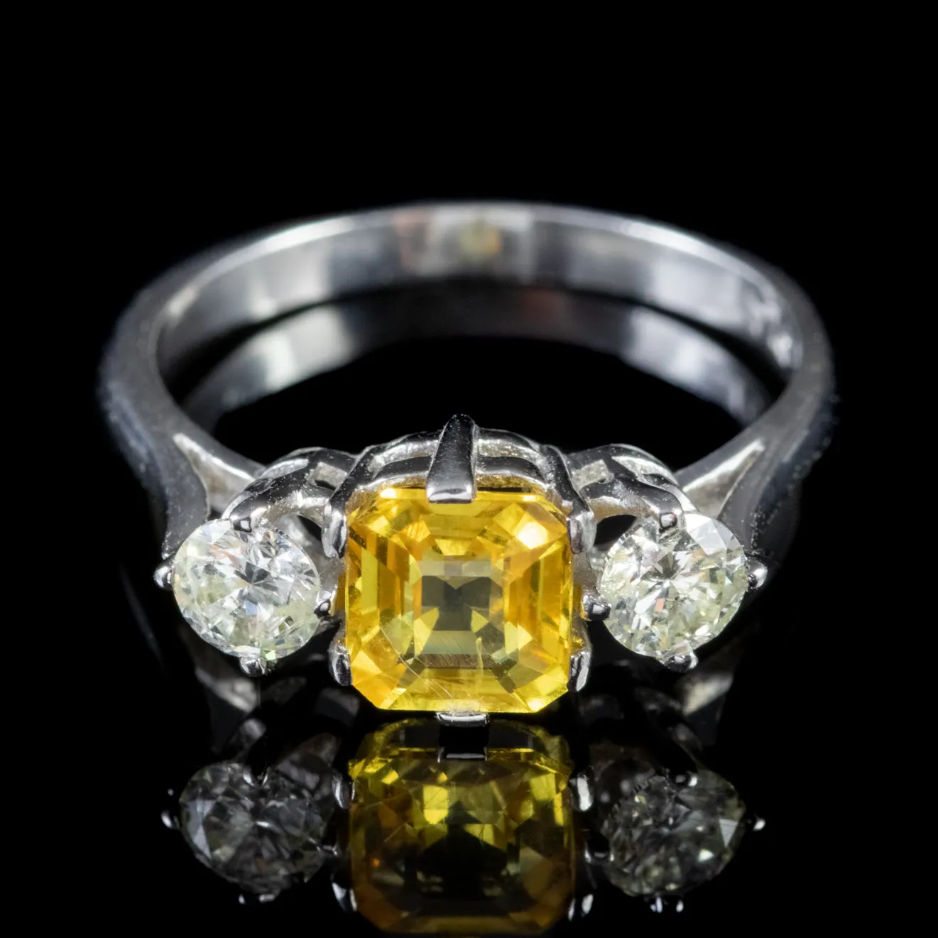 Art Deco Style Yellow Sapphire Diamond Trilogy Ring Platinum 1.45ct Sapphire