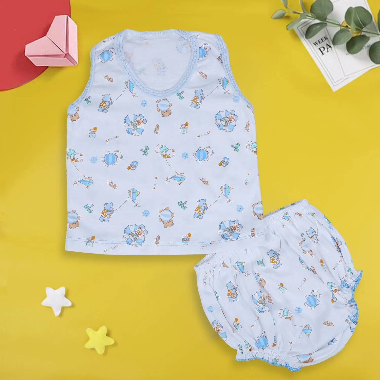 Baby Moo Kite Flying Bear Pure Cotton Sleeveless Vest With Matching Bottom 2pcs Set - Blue