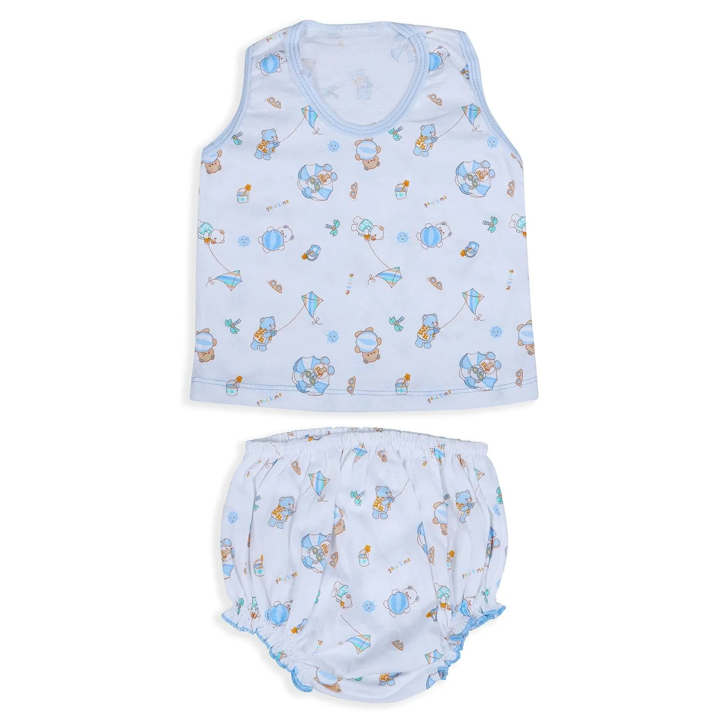 Baby Moo Kite Flying Bear Pure Cotton Sleeveless Vest With Matching Bottom 2pcs Set - Blue