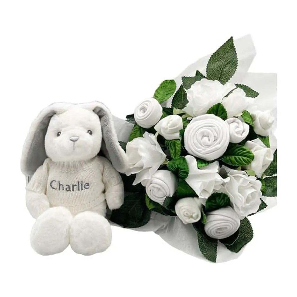 Babyblooms Hand Tied Baby Clothes Bouquet and Personalized Bunny