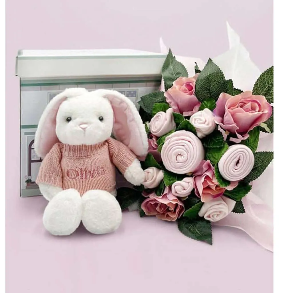 Babyblooms Hand Tied Baby Clothes Bouquet and Personalized Bunny