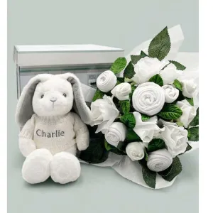 Babyblooms Hand Tied Baby Clothes Bouquet and Personalized Bunny