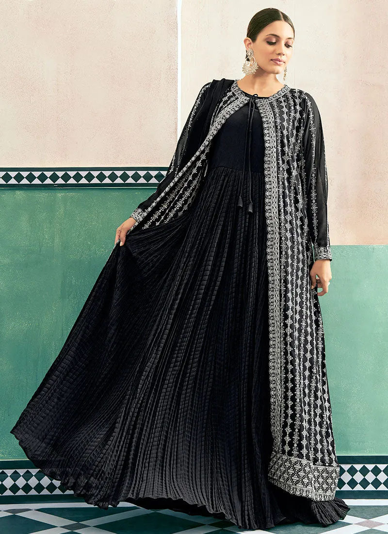 Black Embroidery Jacket Style Anarkali Dress