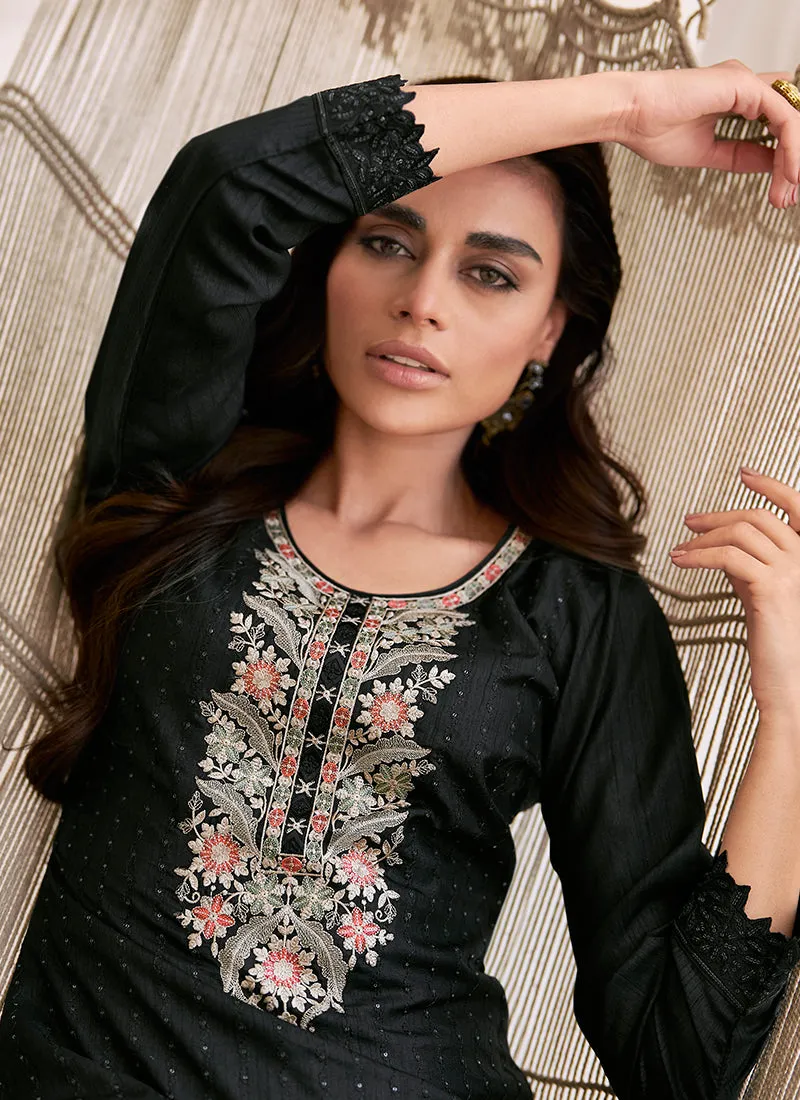 Black Multi Floral Embroidery Pant Style Suit