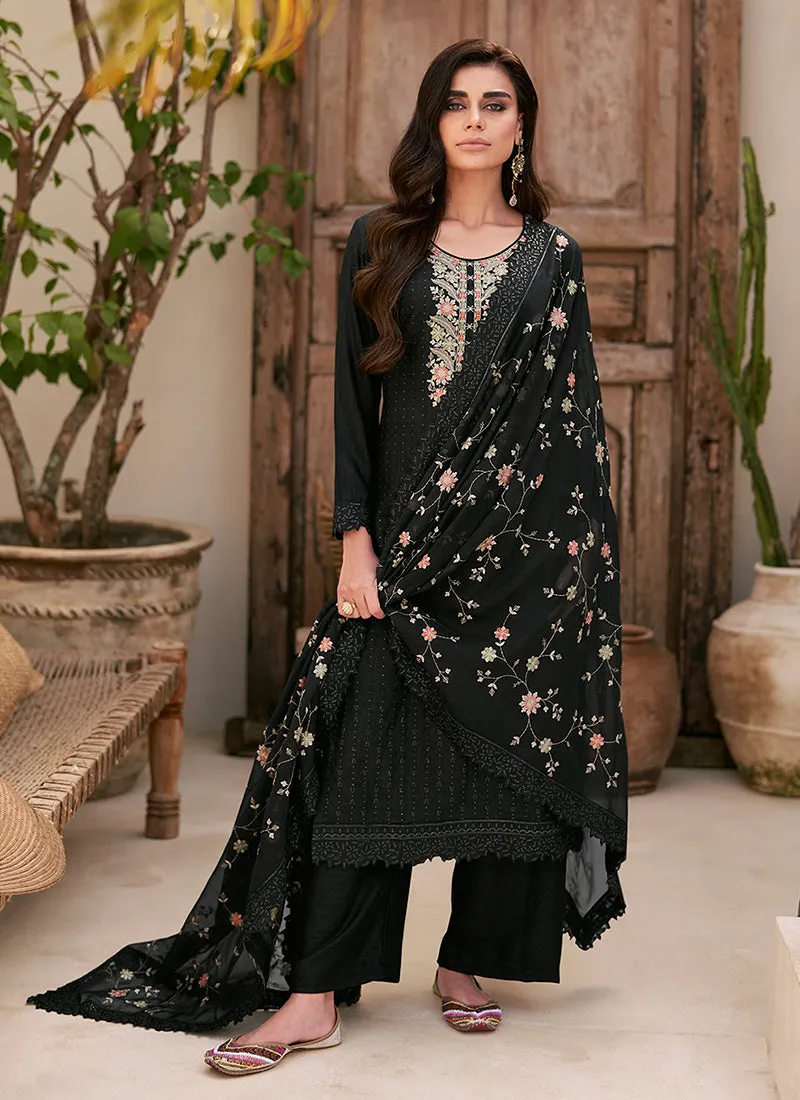 Black Multi Floral Embroidery Pant Style Suit