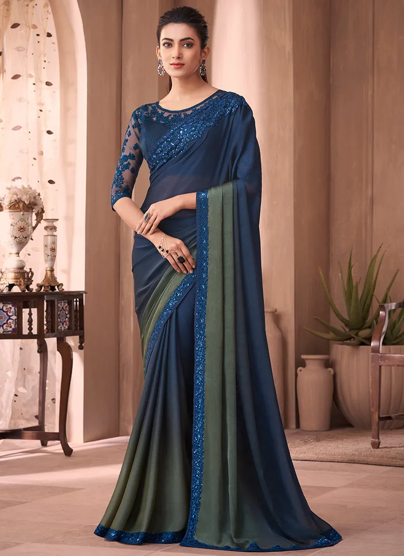 Bluish Green Sequence Embroidery Traditional Wedding Saree