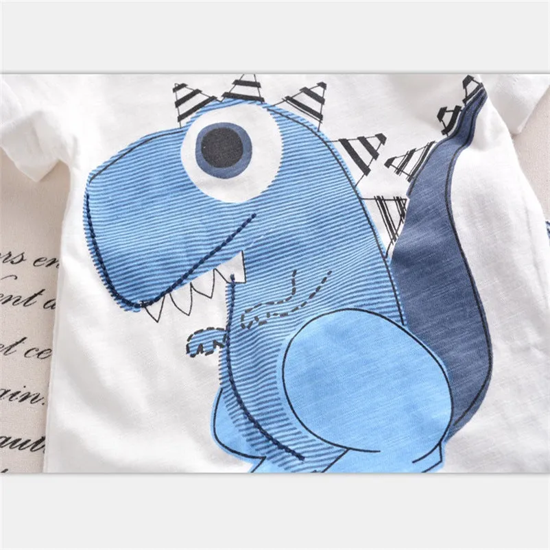 Boy Cartoon Dinosaur Short Sleeve Stripe Shorts Set