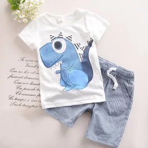 Boy Cartoon Dinosaur Short Sleeve Stripe Shorts Set