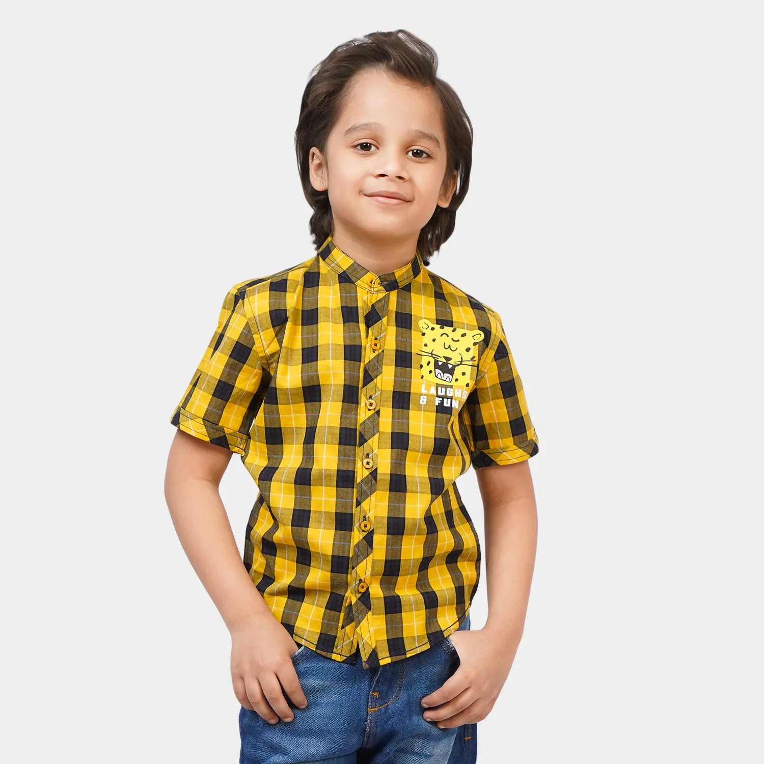 Boys Cotton Casual Shirt Laugh & Fun | Yellow Check