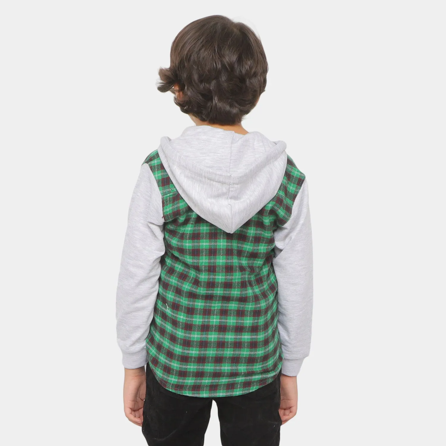 Boys Hooded Shirt - Green Check