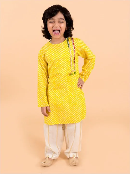 Boys  Yellow Bandhani Angrakha Pure Cotton Kurta With Patiala - Ps Peaches