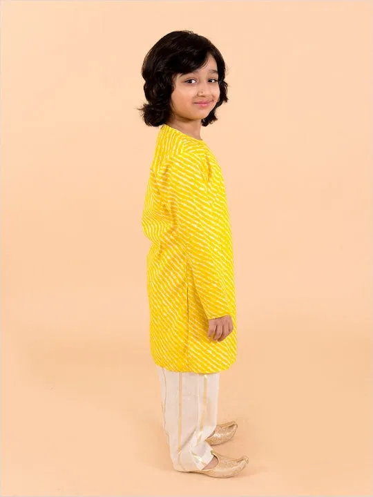 Boys  Yellow Bandhani Angrakha Pure Cotton Kurta With Patiala - Ps Peaches