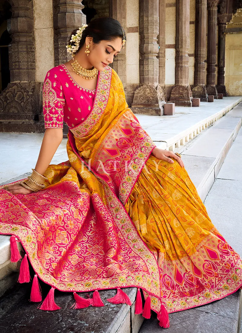 Bright Yellow And Pink Multi Embroidered Silk Saree