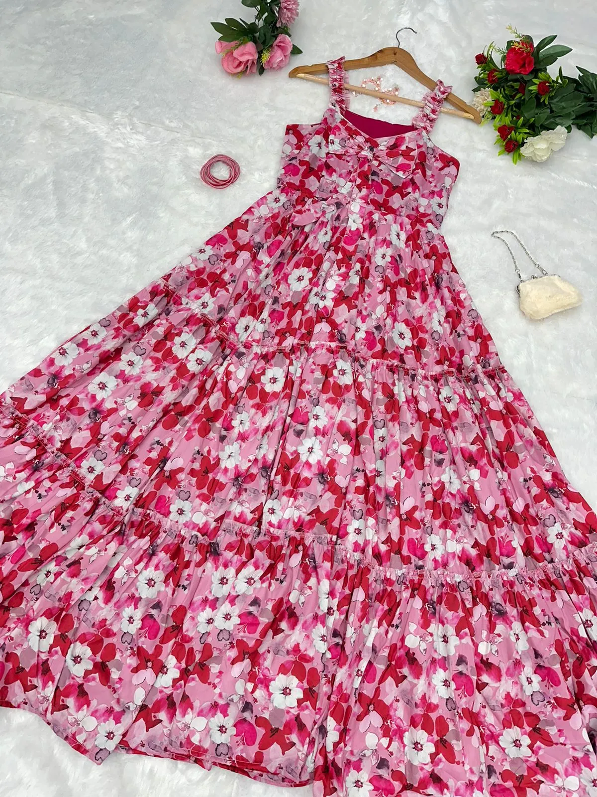 Casual Wear Pink Flower Long Gown