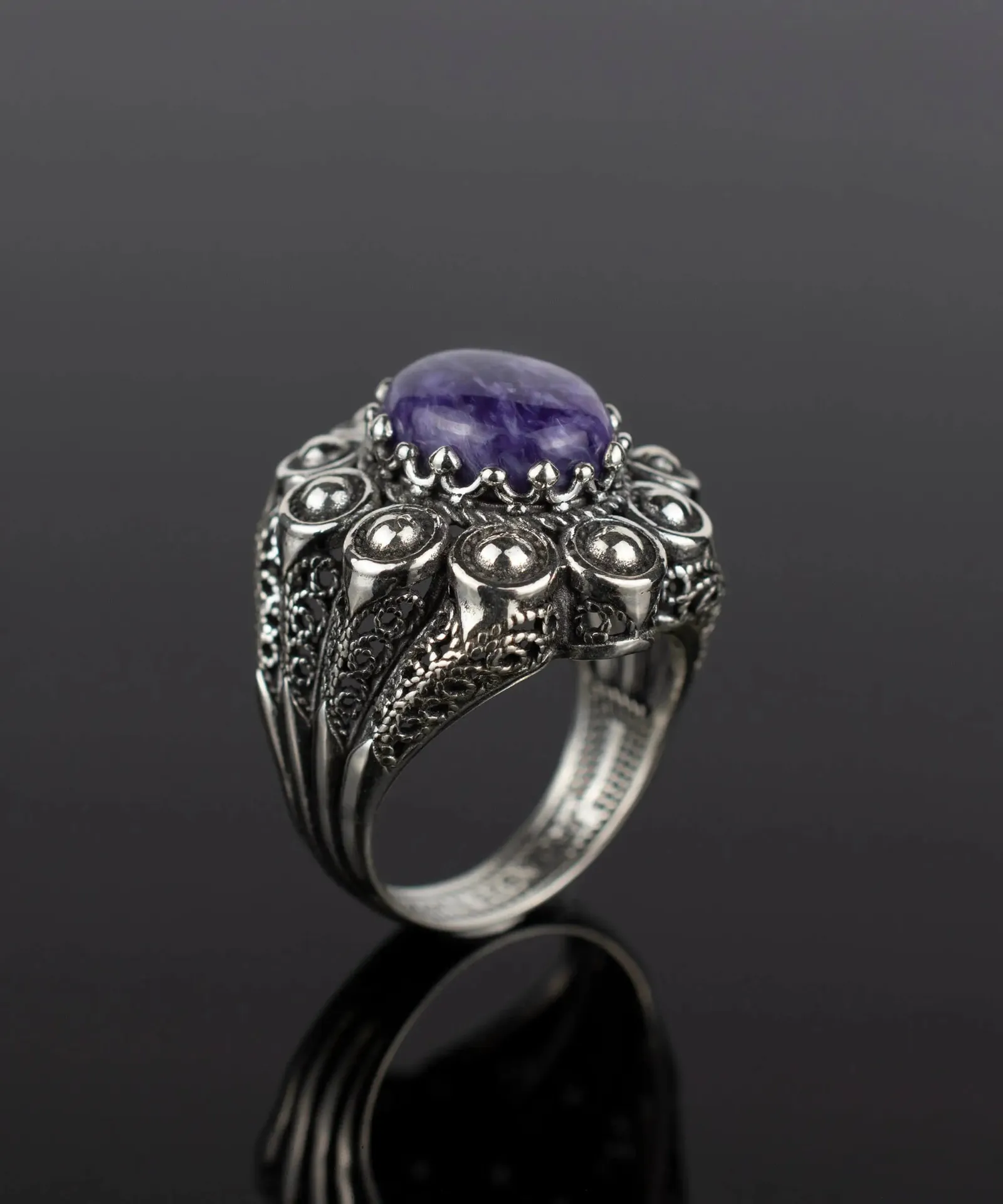 Charoite Dome Ring - Filigree Art, Perfect for Love and Weddings, Handcrafted Ring, Elegant Design, Unique Gemstone