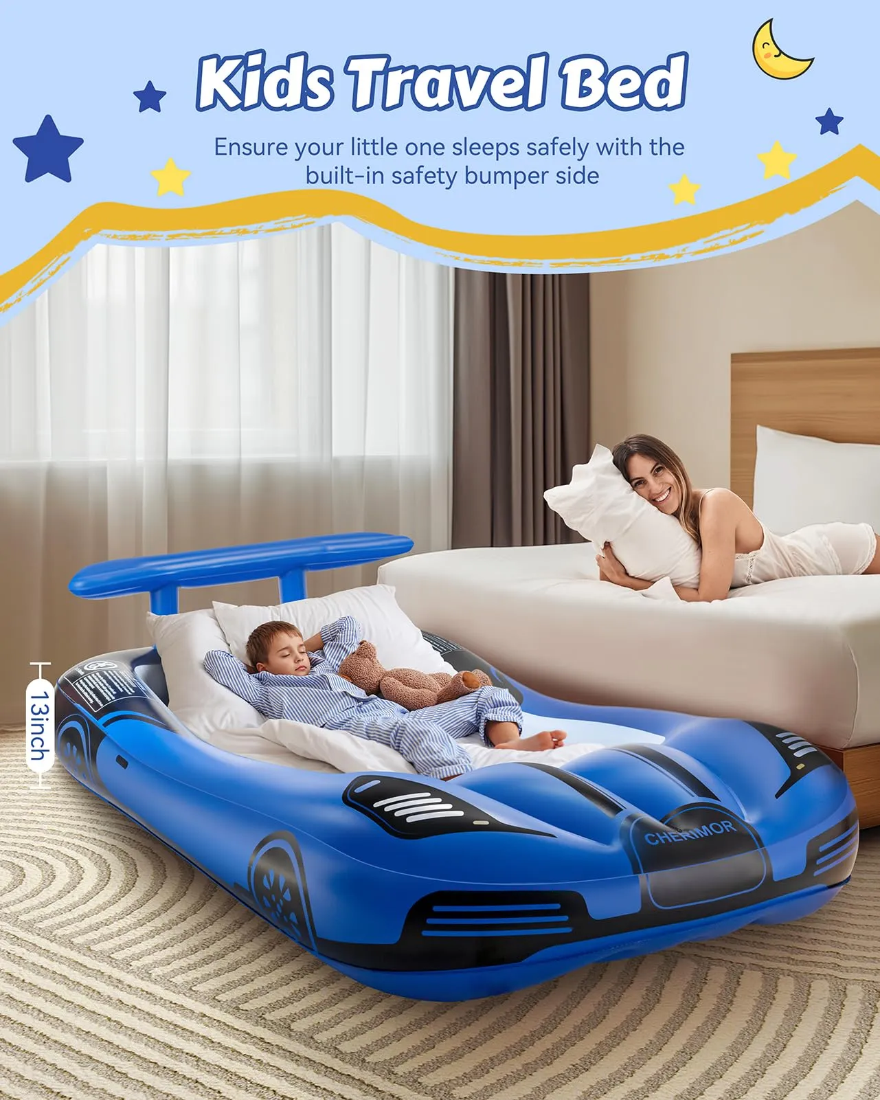 CHERIMOR Inflatable Toddler Travel Bed with Safety Bumpers, Portable Racecar Toddler Air Mattress with Electric Pump, Toddler Blow Up Mattress for Travel,Camping, Sleepovers&Vacation, Gift for Kids