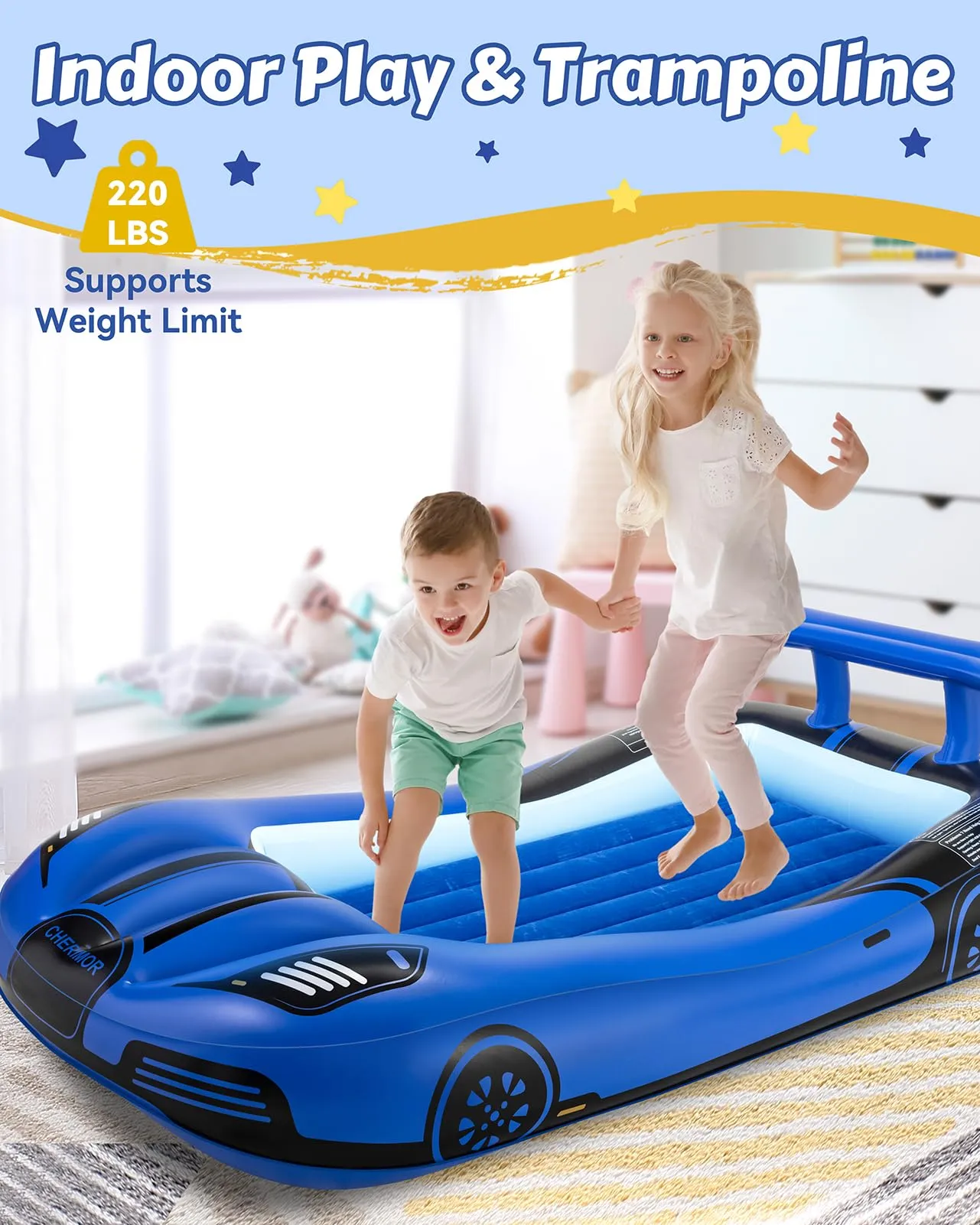 CHERIMOR Inflatable Toddler Travel Bed with Safety Bumpers, Portable Racecar Toddler Air Mattress with Electric Pump, Toddler Blow Up Mattress for Travel,Camping, Sleepovers&Vacation, Gift for Kids