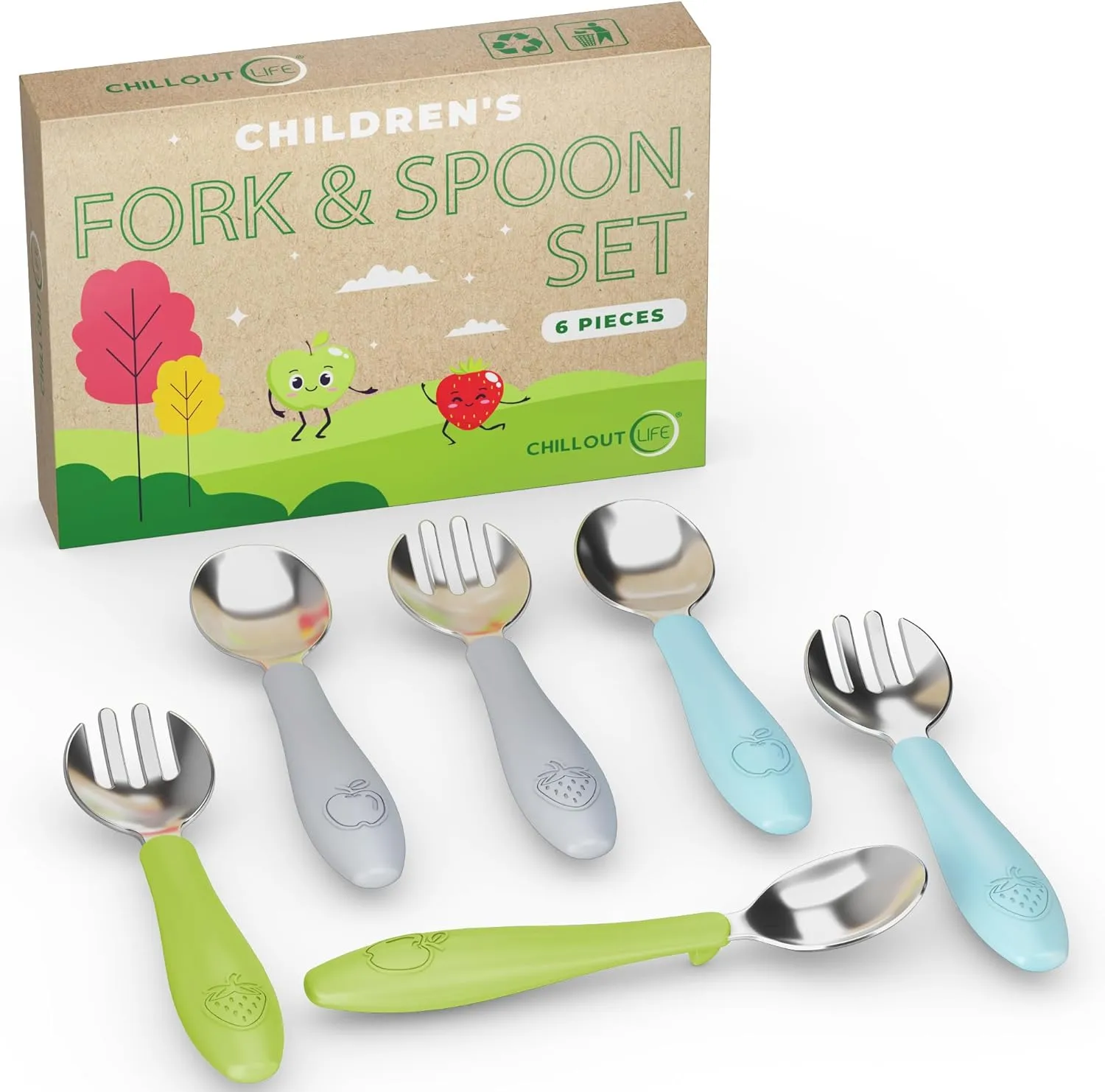 CHILLOUT LIFE Toddler Utensils Set, Kids Silverware with Silicone Handle, Stainless Steel Metal Toddler Forks and Spoons Safe Baby Cutlery for Self Feeding-12 Pieces