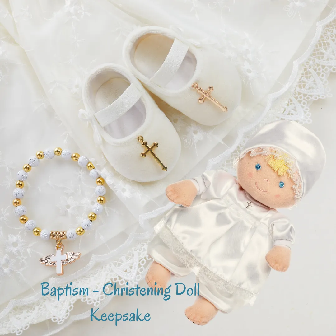 Christening Baptism Soft Baby Doll in White Satin Dress, 12"