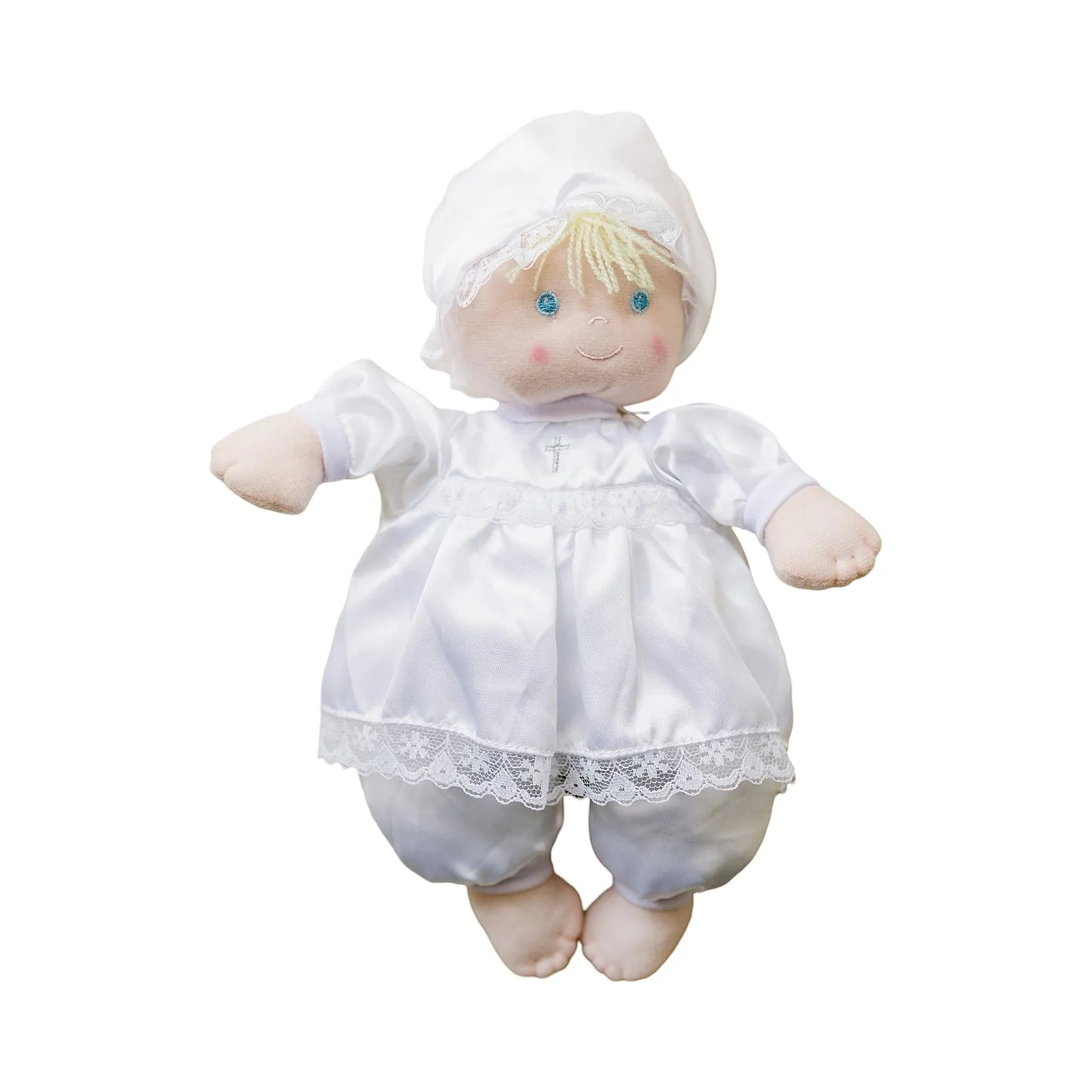 Christening Baptism Soft Baby Doll in White Satin Dress, 12"