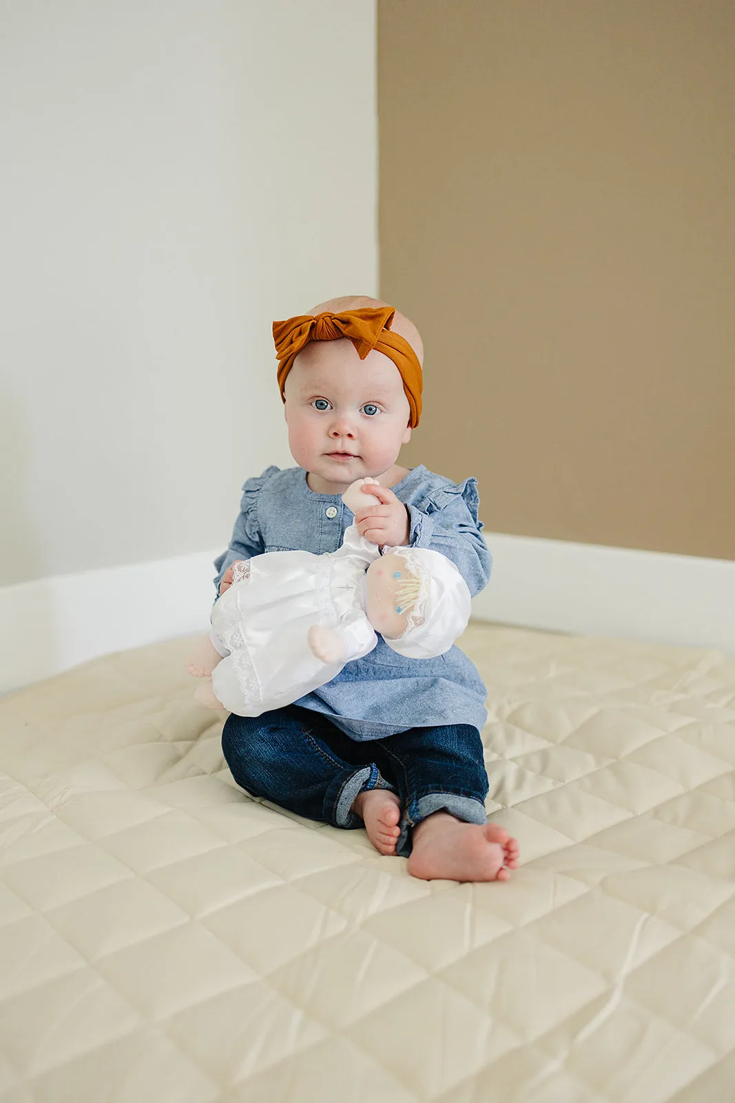 Christening Baptism Soft Baby Doll in White Satin Dress, 12"