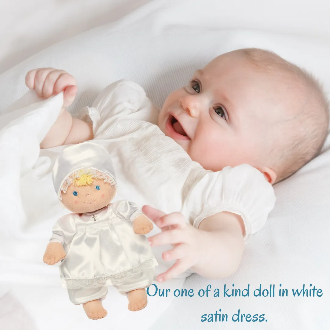 Christening Baptism Soft Baby Doll in White Satin Dress, 12"