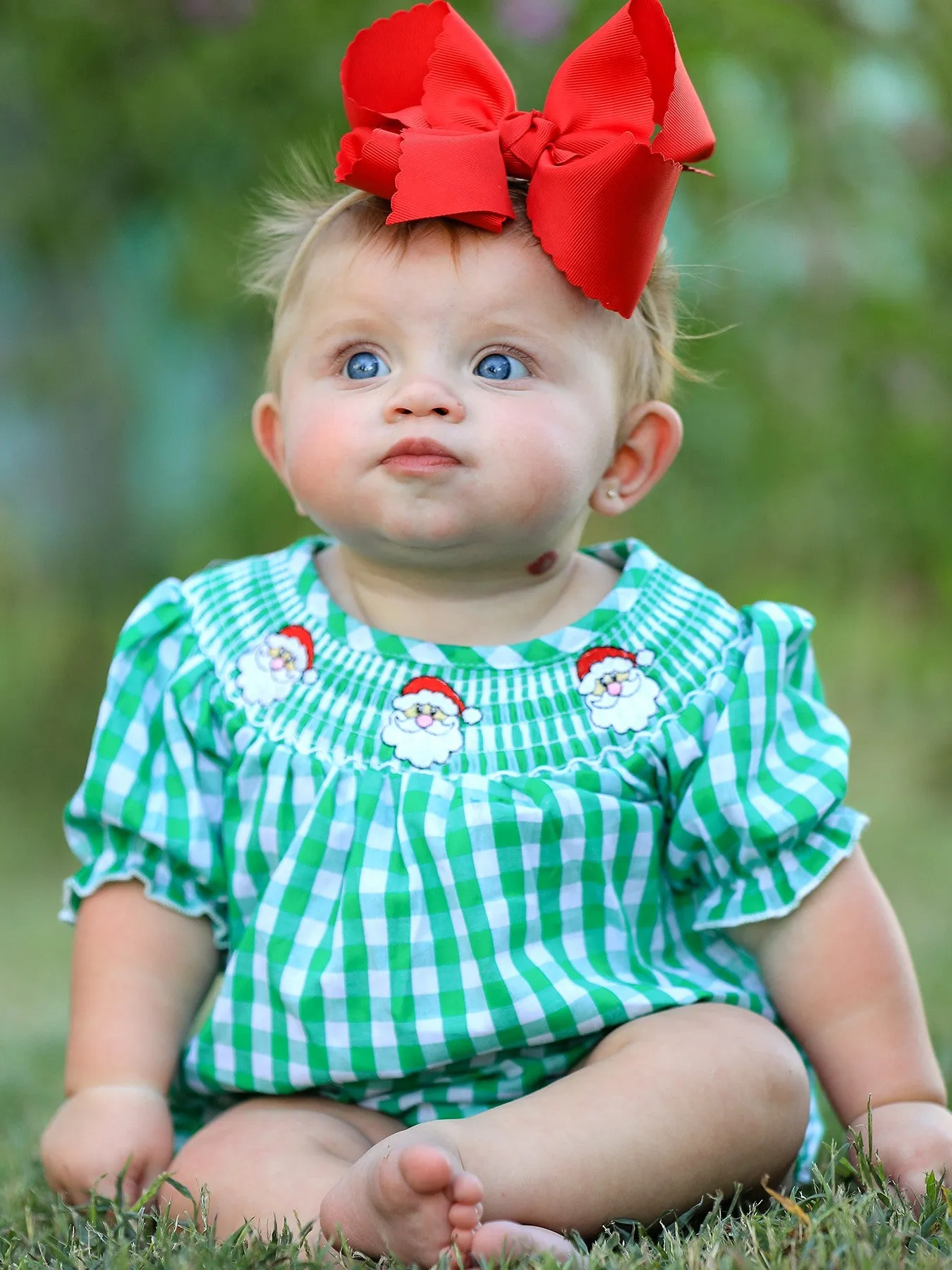 Christmas Santa Claus Smocking Green Plaid Embroidery Baby Girls Romper