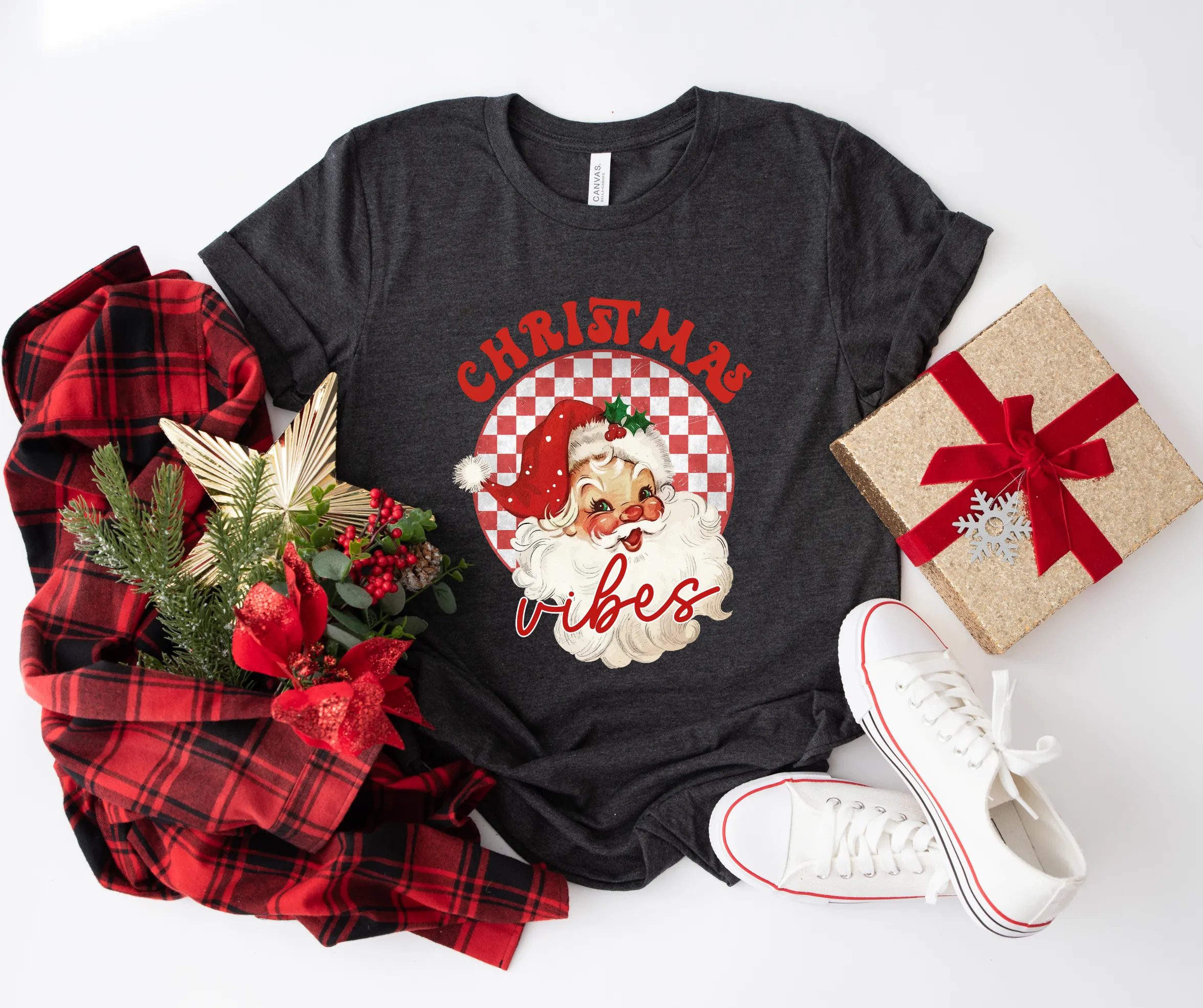 Christmas Vibes Santa Dark Heather Grey Tee