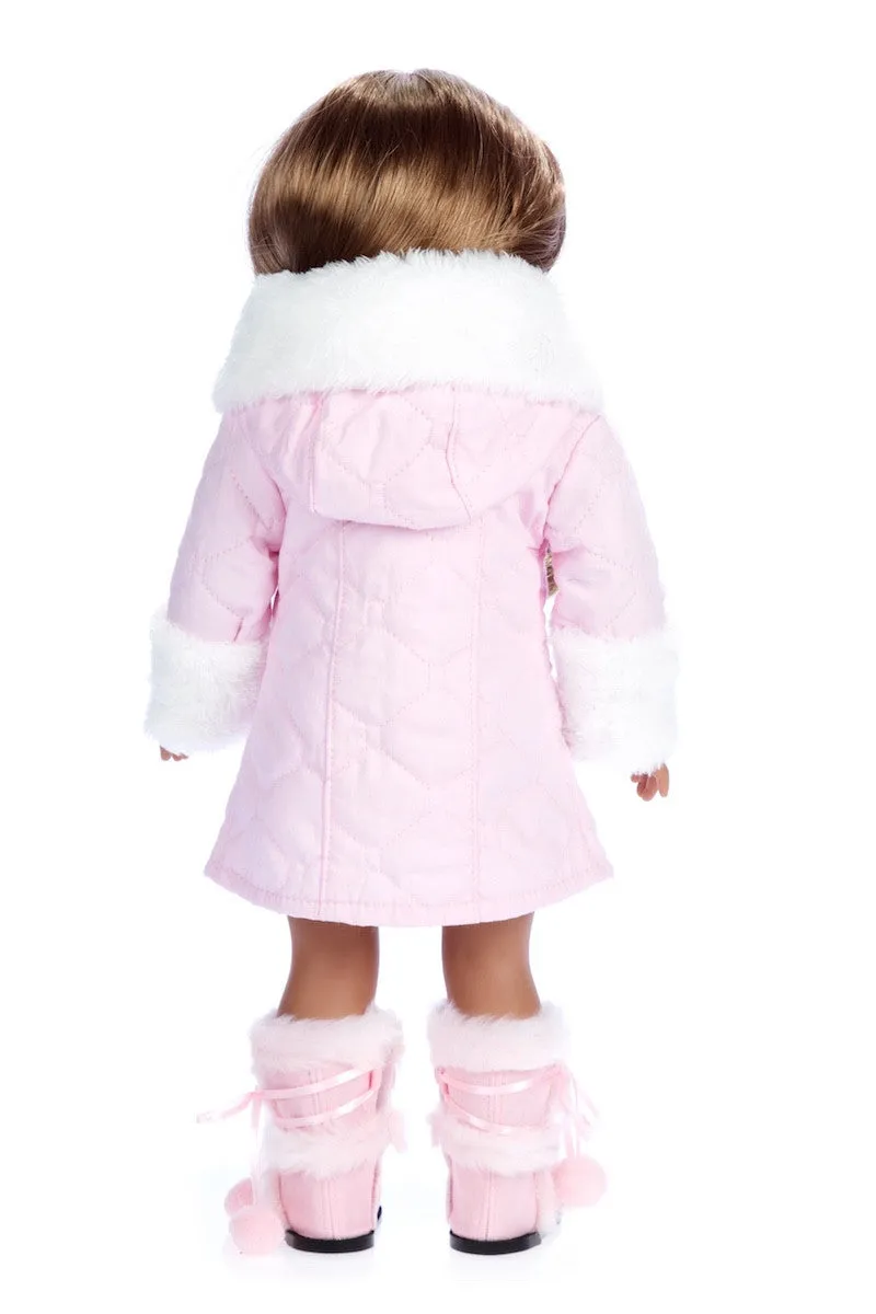 Cotton Candy - Clothes for 18 inch Doll - Pink Parka with Hood, Short Ivory Dress and Pink Boots