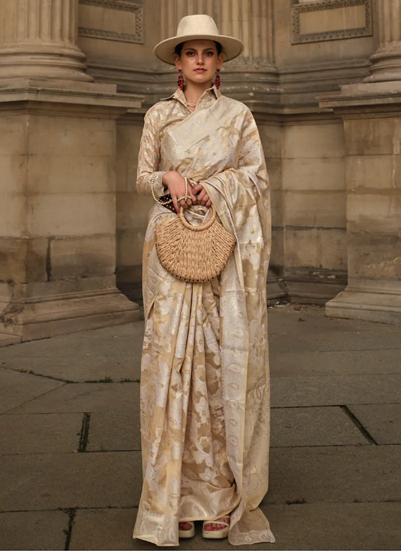 Creme Beige Lucknowi Handloom Woven Organza Silk Saree