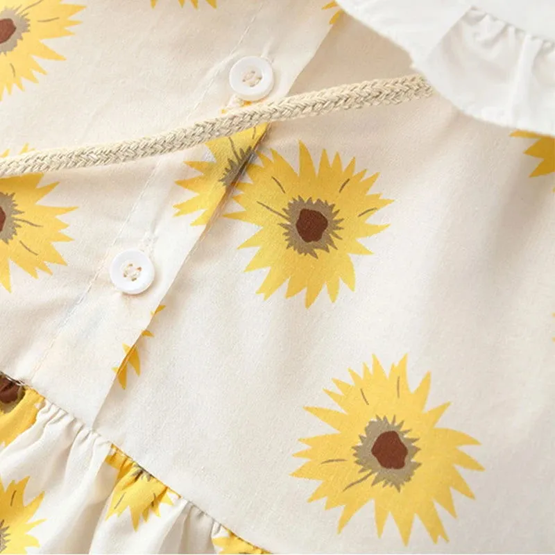 Cute Sunflower Print Long Sleeve Doll Collar Dress with Bag