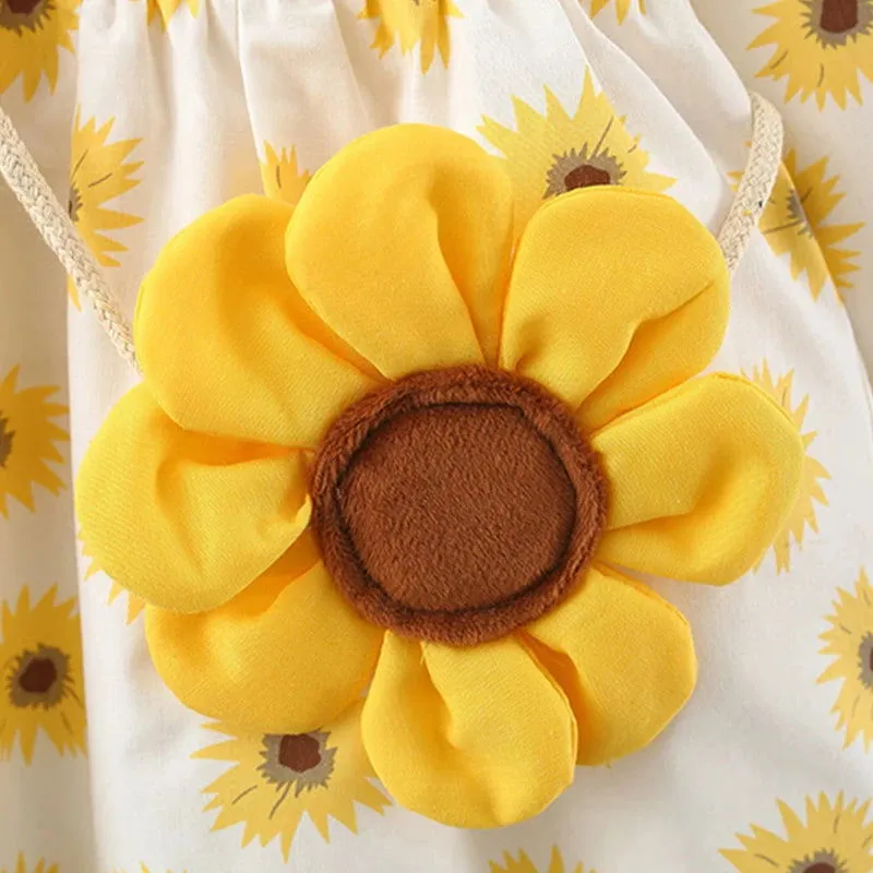 Cute Sunflower Print Long Sleeve Doll Collar Dress with Bag