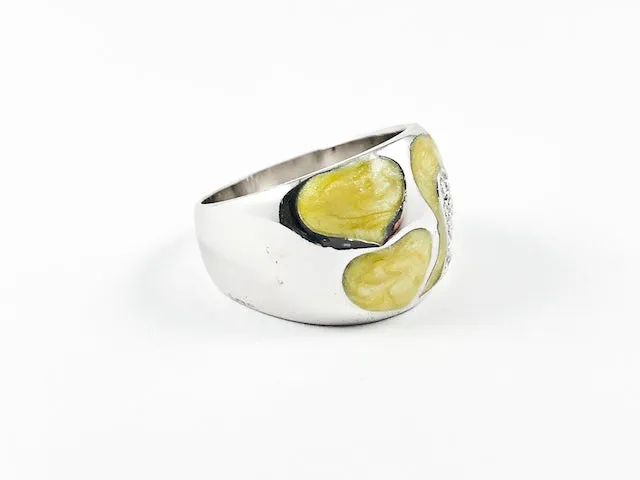 Elegant Unique Heart Shape Yellow Color Swirl Pattern Silver Ring