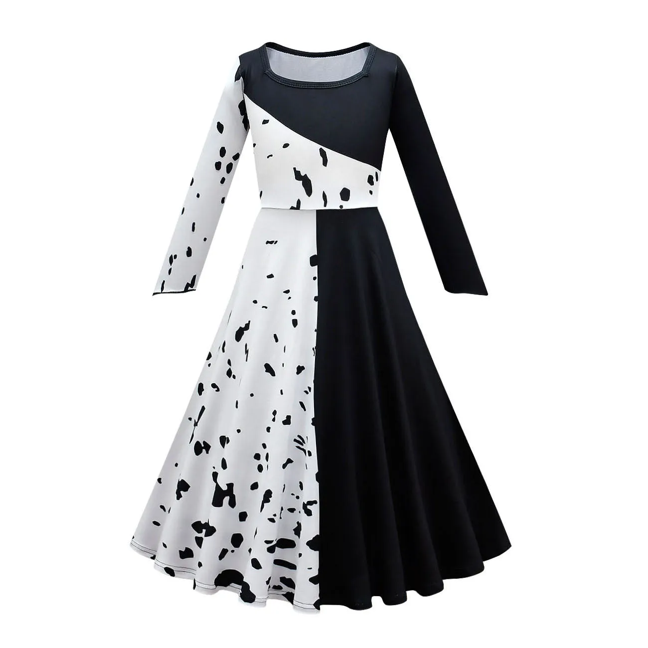 FC329 - Cruella Black and White Spot Devilish Halloween Costume Fancy Dress Up with Cape and Wig for Girls Size 4T to 14