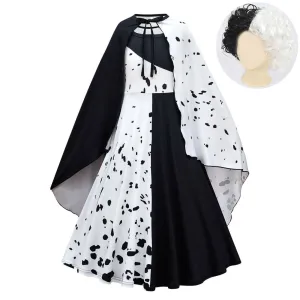 FC329 - Cruella Black and White Spot Devilish Halloween Costume Fancy Dress Up with Cape and Wig for Girls Size 4T to 14