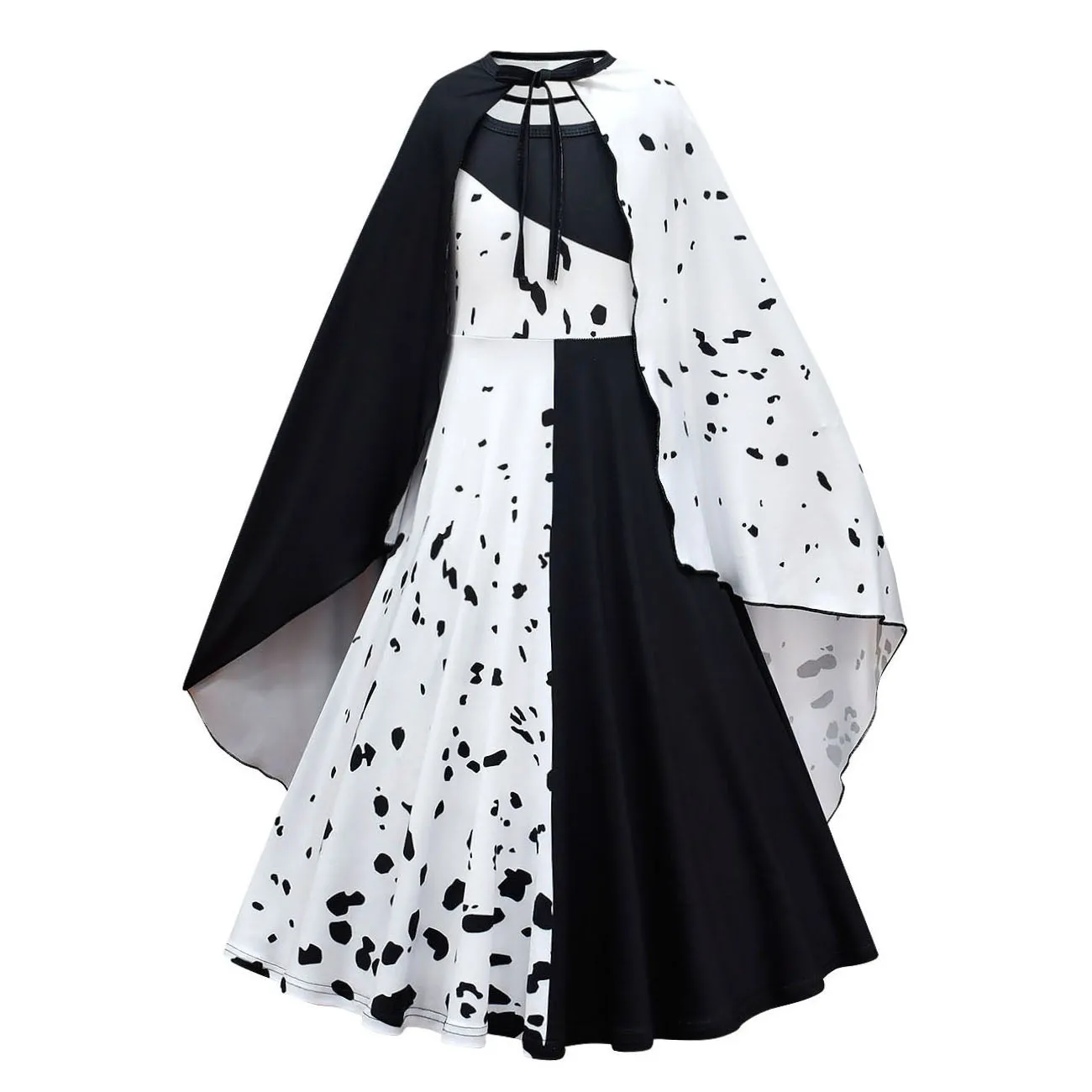 FC329 - Cruella Black and White Spot Devilish Halloween Costume Fancy Dress Up with Cape and Wig for Girls Size 4T to 14