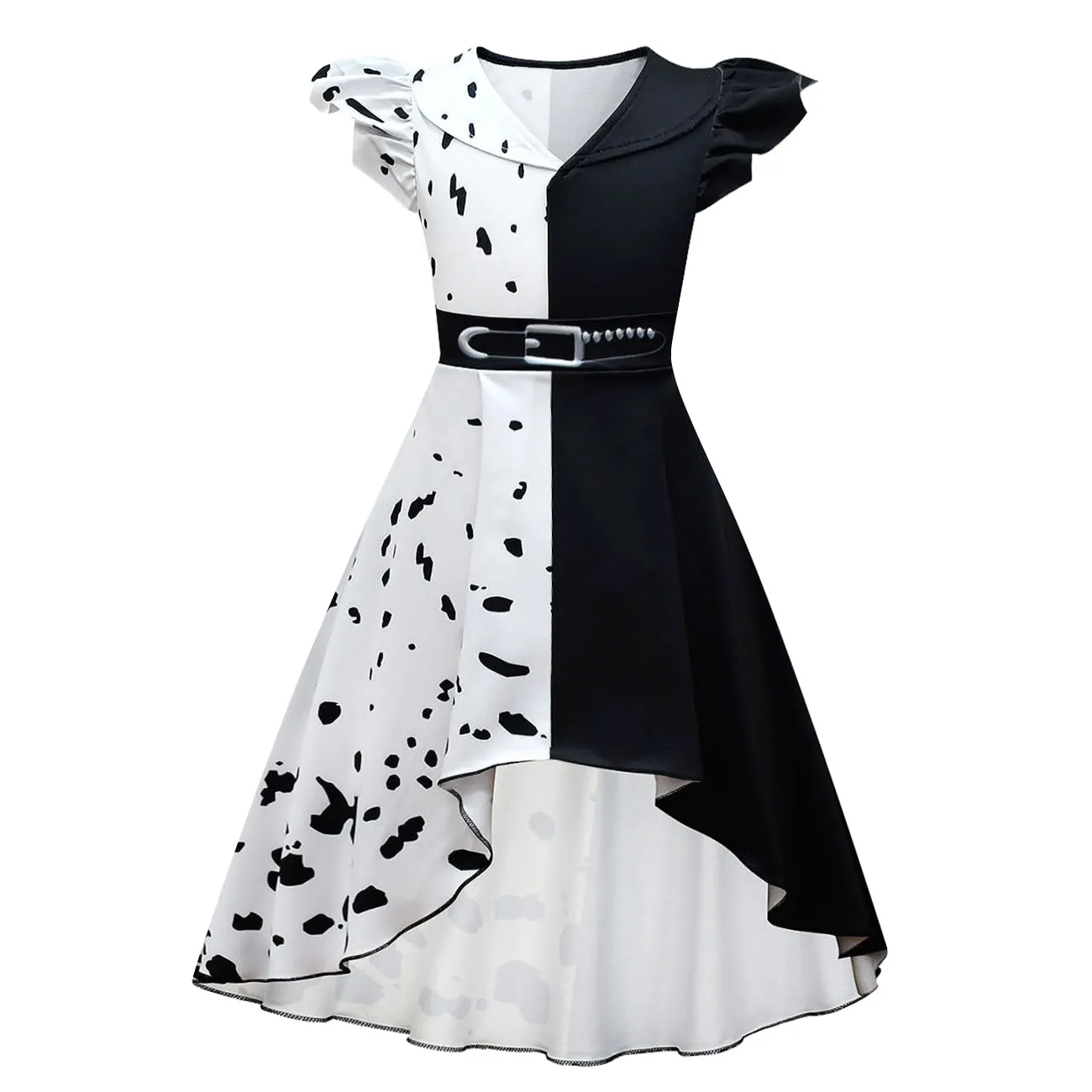 FC330 - Cruella Black and White Spot Devilish Halloween Costume Fancy Dress Up with Wig for Girls Size 4T to 14