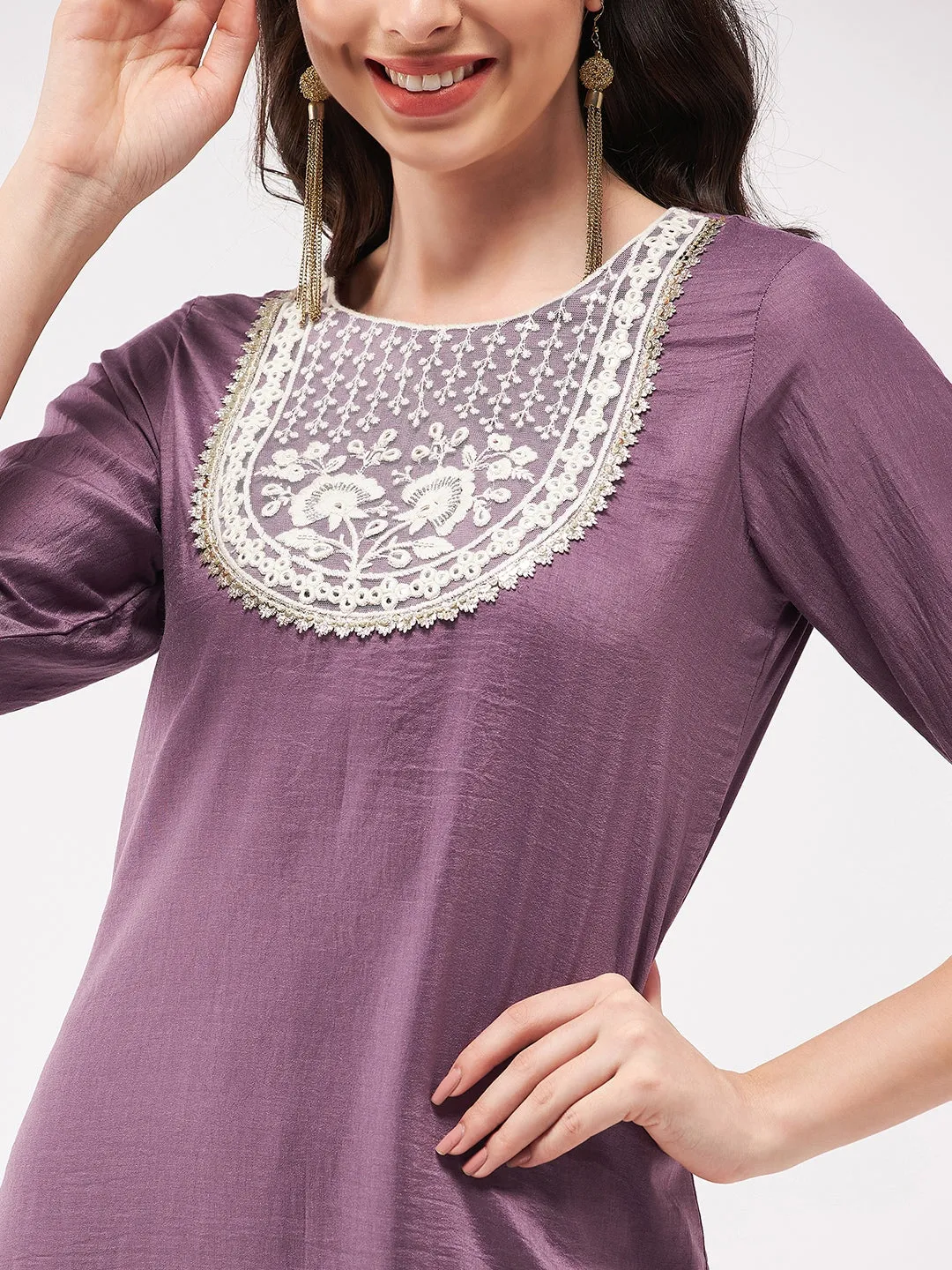 Festive Embroidered Round Neck-Patch Kurta With Laces