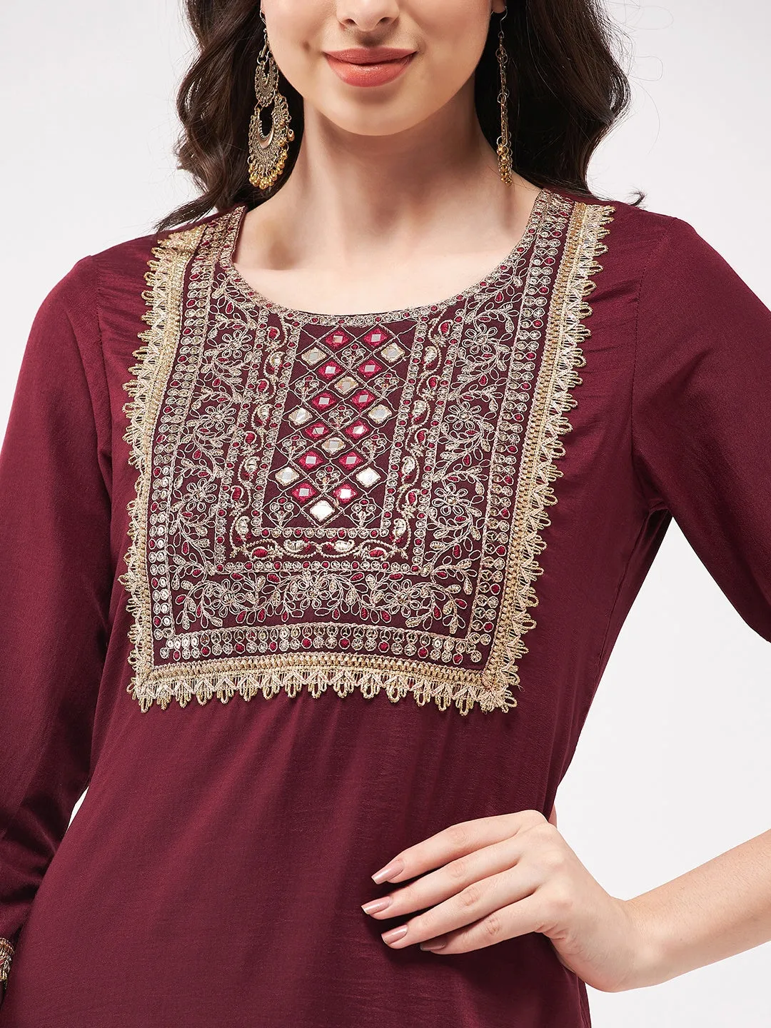 Festive Gold Embroidered Square Neck-Patch Kurta With Laces