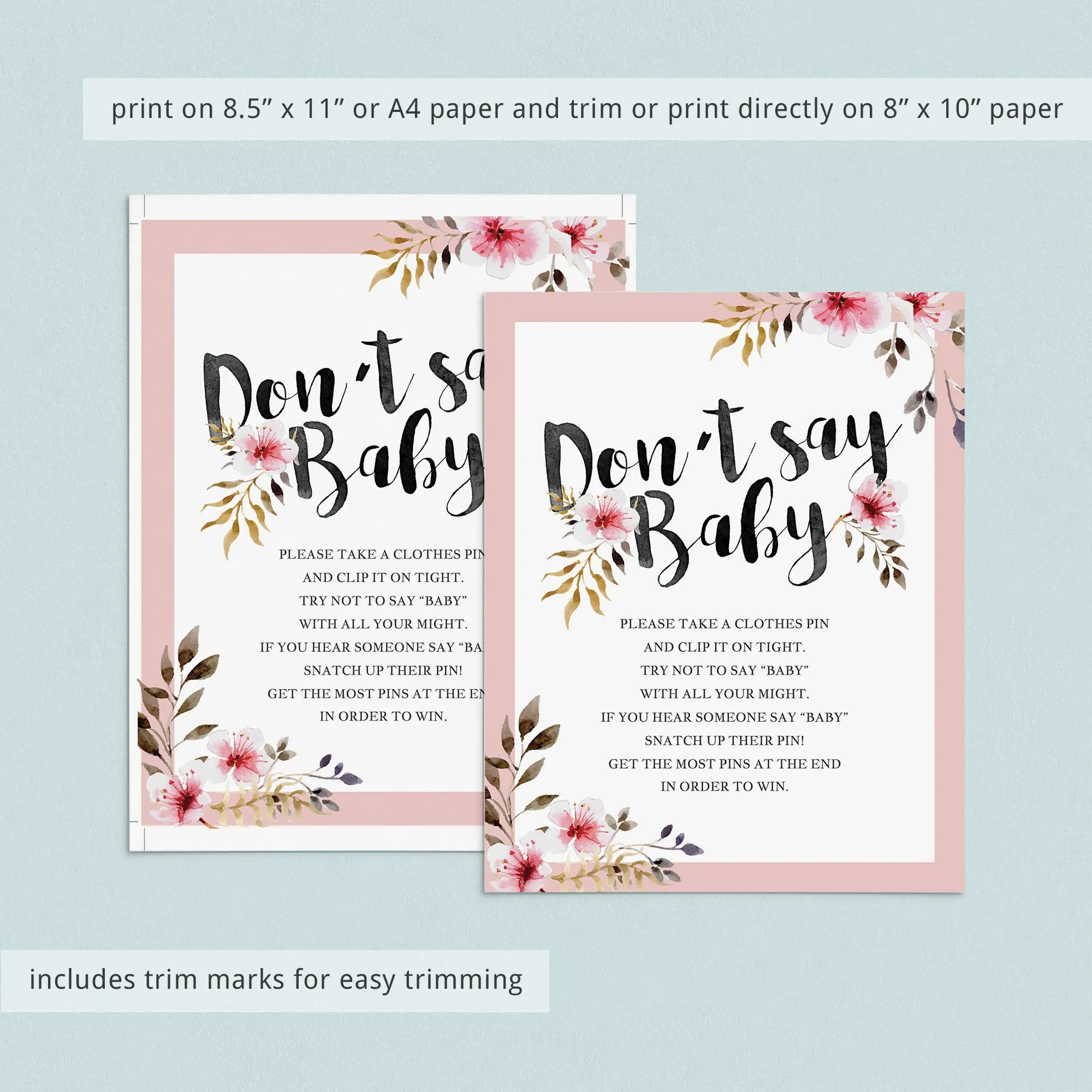 Floral Don't Say Baby Game Sign for Girl Baby Shower Party