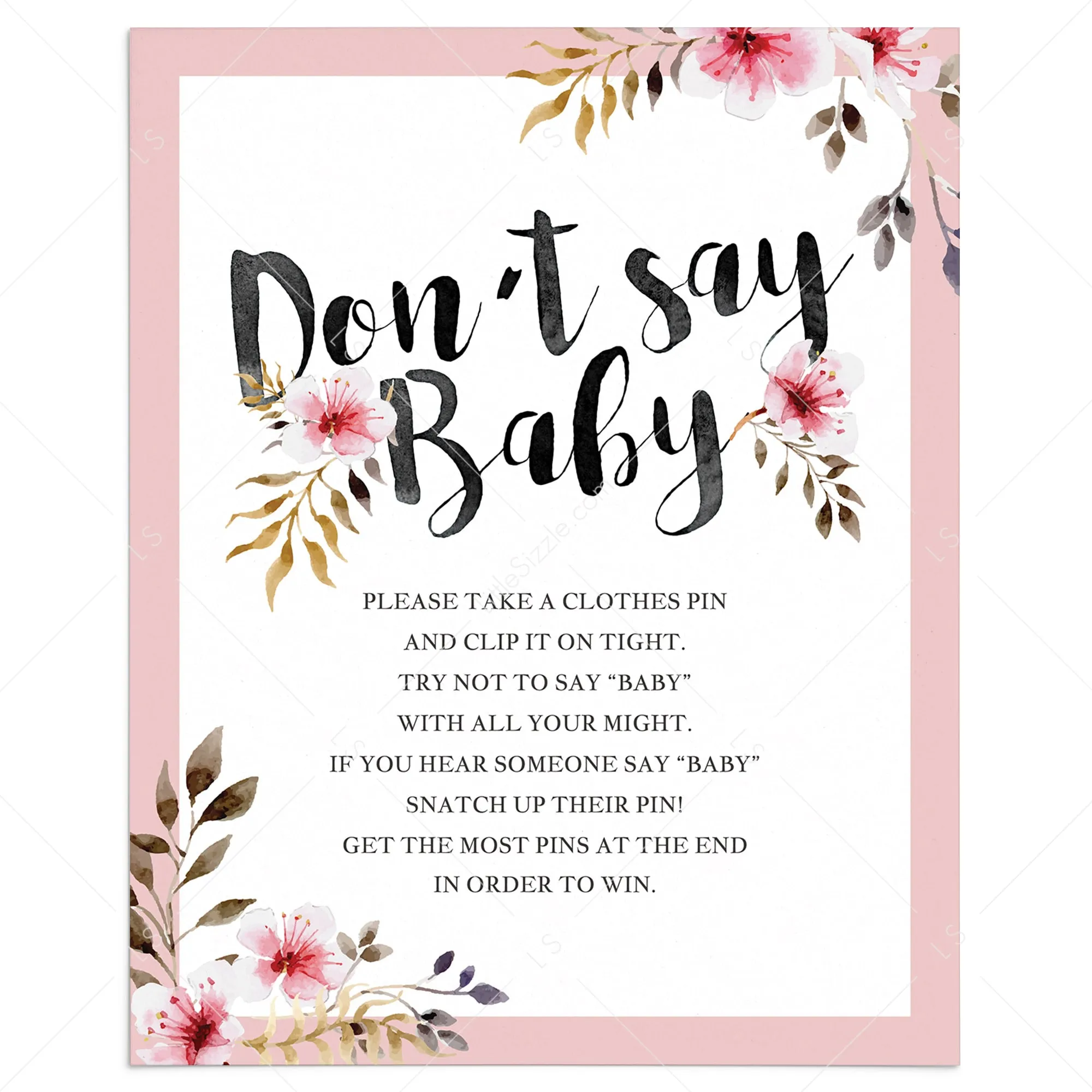 Floral Don't Say Baby Game Sign for Girl Baby Shower Party