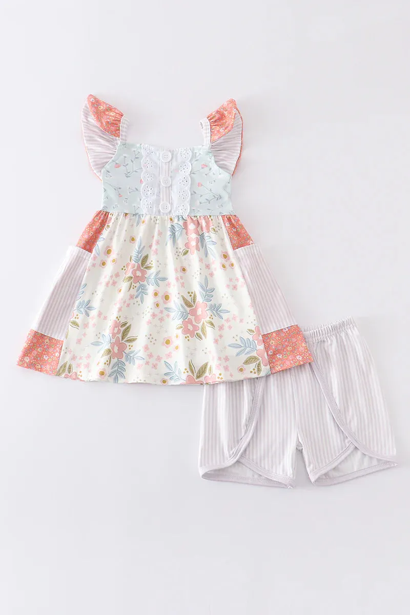 Floral Striped Ruffle Short Set