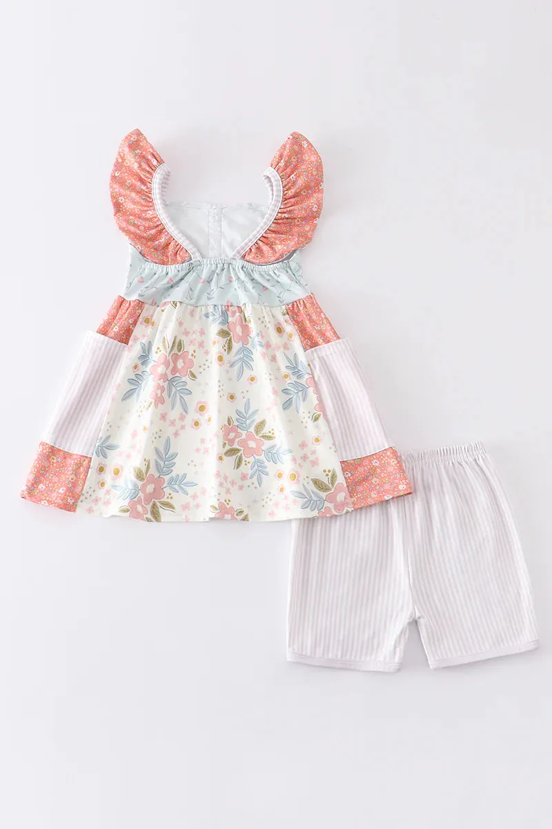 Floral Striped Ruffle Short Set