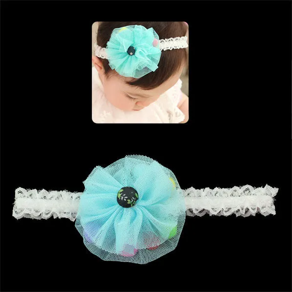 Girls White Lace Stretch  Headband with Mesh Flower and Colorful Beads